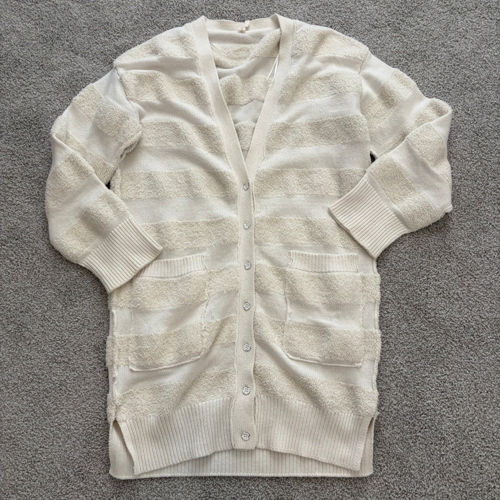Anthropologie Daily Practice Long‎ Striped Cardigan Womens L Cream Textured Cozy